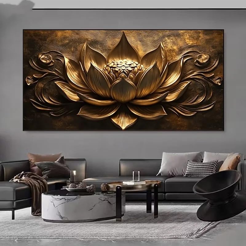 Cuadro de loto dorado en lienzo con relieve neutro para salones y oficinas de 60x120 cm