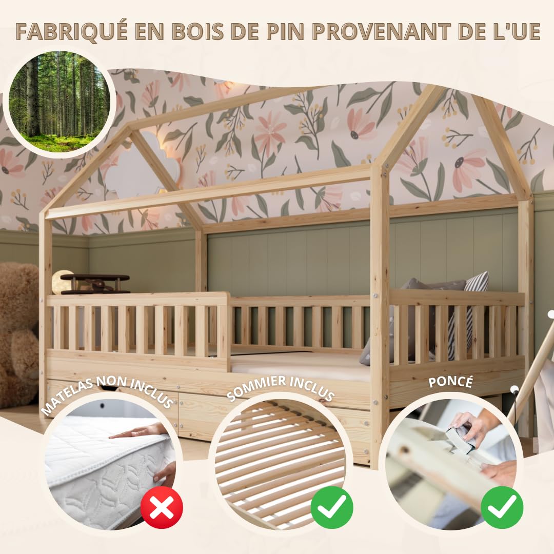 Crazy Blanco Lit de maison avec tiroirs, 90 x 200 cm, en bois naturel, avec protection anti-chute, design scandinave, lit de sol Montessori avec espace de rangement supplémentaire