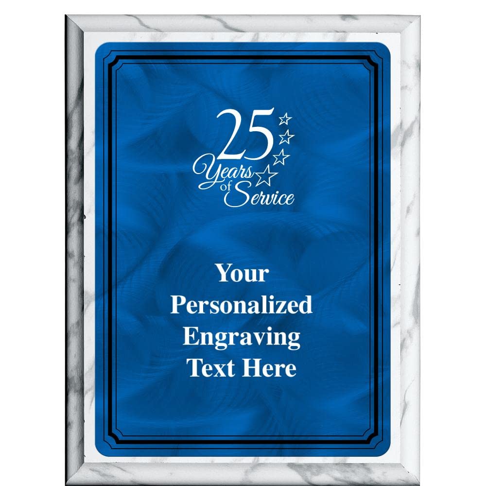 Crown Awards 7"X9" Blue Metal Plate 25 Years of Service Plaque, Personalized 25 Years of Service White Marbleized Plaque Award with Your Text Blue