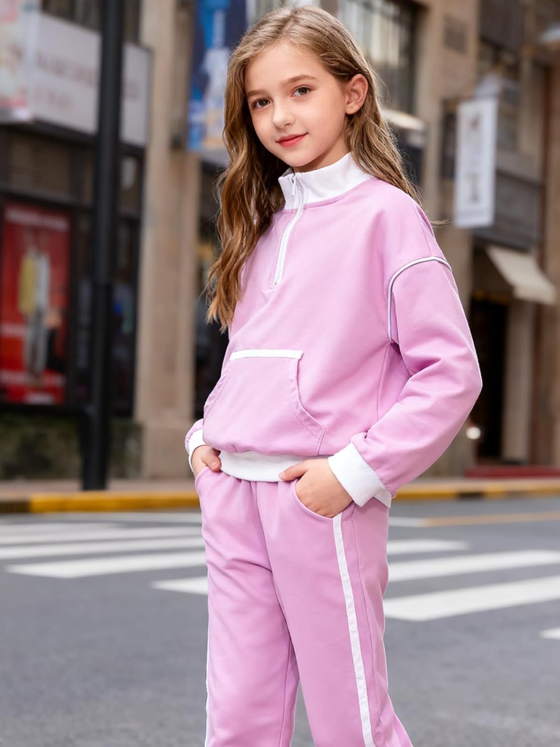 Girls 2 Piece Outfits Tracksuit Long Sleeve Half Zip Sweatshirt and Sweatpants Set with Pockets - Image 3