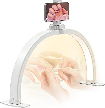 23" Half Moon Nail Desk Lamp with Phone Holder - Foldable Arch Light for Manicure, Lash Extensions & Tattoo - 3 Color Modes & 10 Brightness Adjustable - Professional Beauty Salon Lighting White [Energy Class A+]