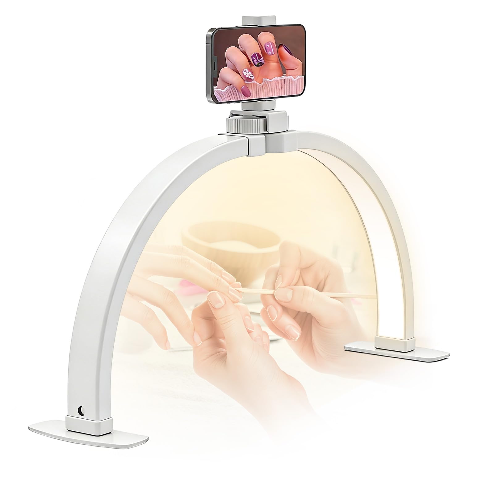 23" Half Moon Nail Desk Lamp with Phone Holder - Foldable Arch Light for Manicure, Lash Extensions & Tattoo - 3 Color Modes & 10 Brightness Adjustable - Professional Beauty Salon Lighting (White)