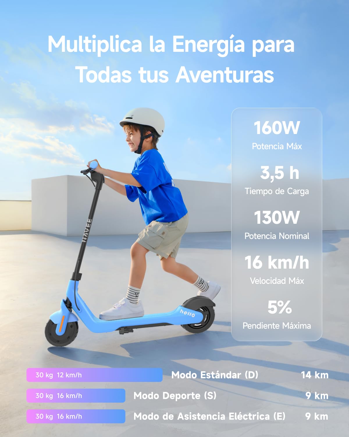 NAVEE K100 Patinete Eléctrico para Niños, Control Parental vía App | Autonomía de 14 km, 3 Modos de Velocidad 16 km/h, Luces RGB, Neumáticos Macizos de 7", para Niños de 6 a 10 Años