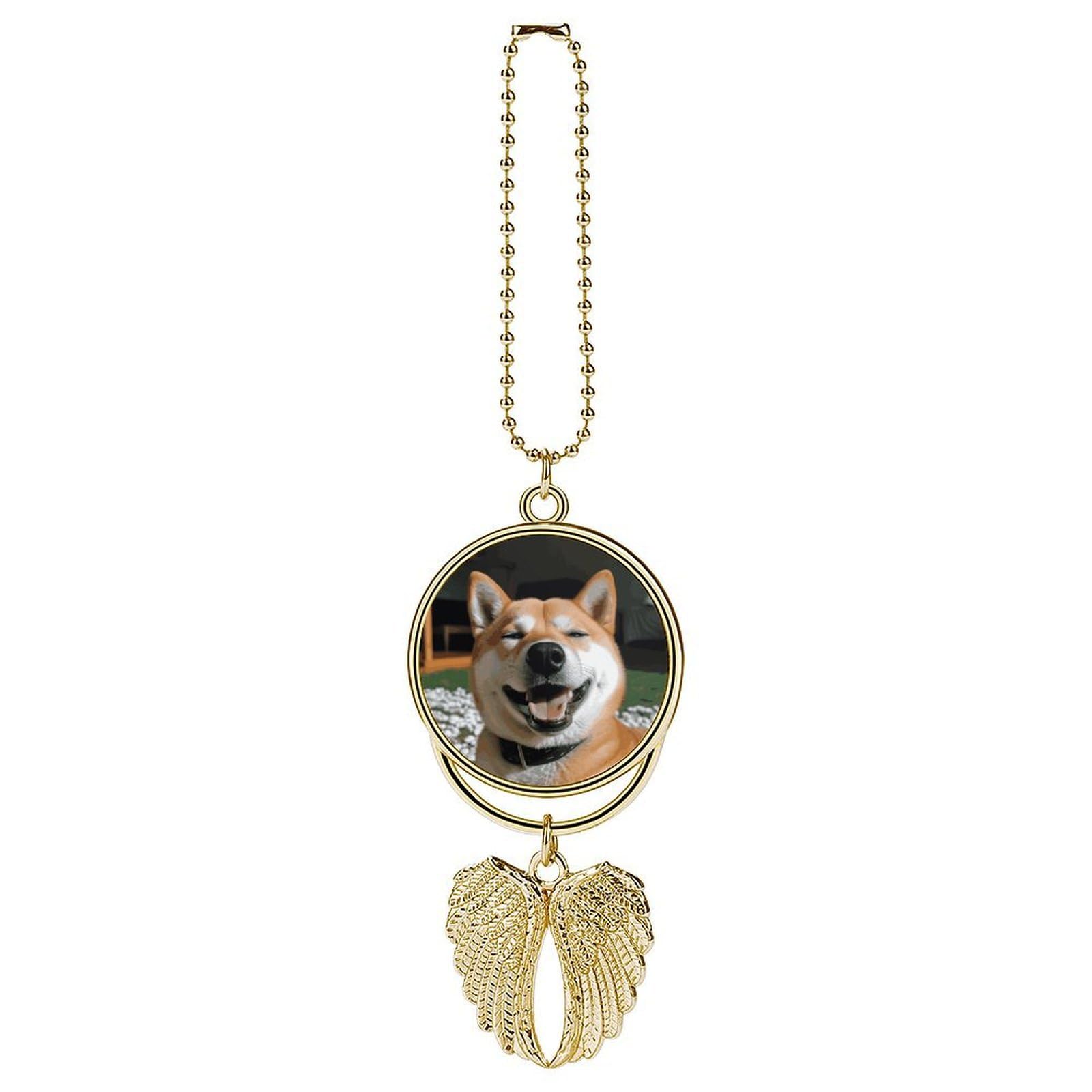 Shiba Inu Smile Tongue Out Guardian Angel Wing Car Ornament for Mirror, Zinc Alloy Hanging Charm with Spiritual Design for Protection, Rearview Mirror Accessory Decor Gift for Women Men(Golden)