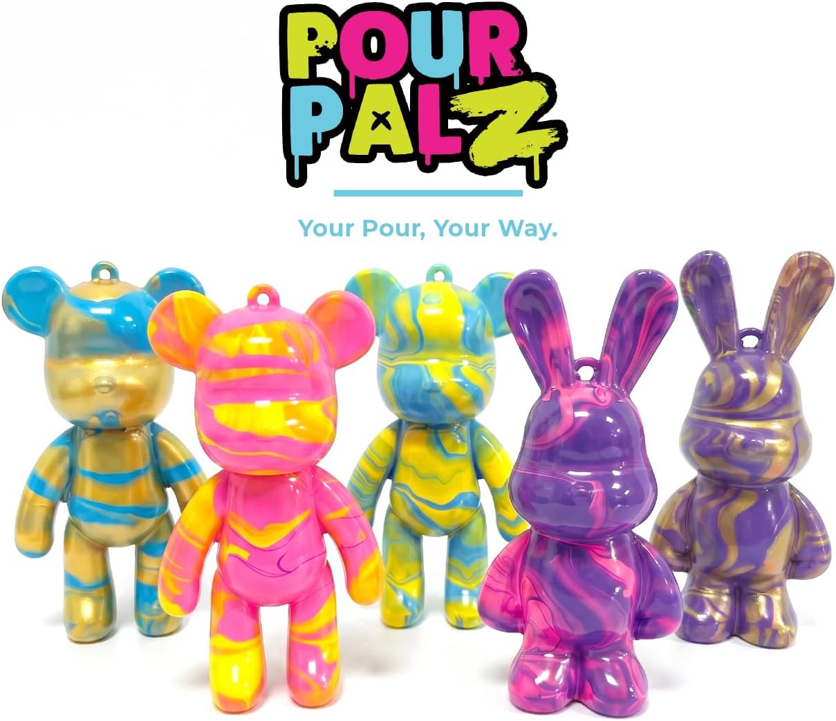 Pour Palz Mini Keychains Party Pack, DIY Paint Pouring Kit for Kids Ages 5+, Make Your Own Bear & Bunny Keychains with 5 Paints, Keyring Clips, Cups, Gloves, Plates, Arts and Crafts Gift, 1 Pack