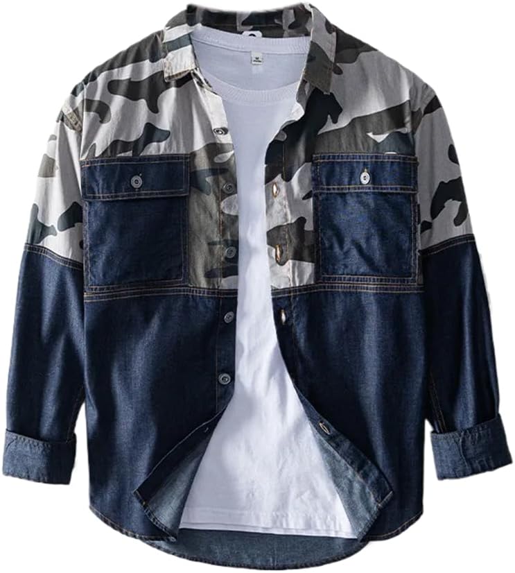 Men Shirts Casual Daily Patchwork Double Pocket Long Sleeve Sport Loose Tops