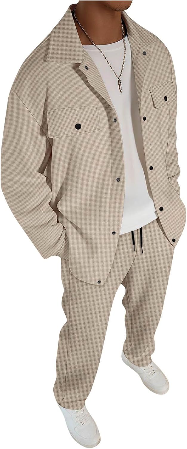 Cambkatl Men's Waffle Tracksuit Sets, Loose Lapel Collar Long Sleeve Jackets & Sweatpants Versatile Casual Jogging Sweatsuits