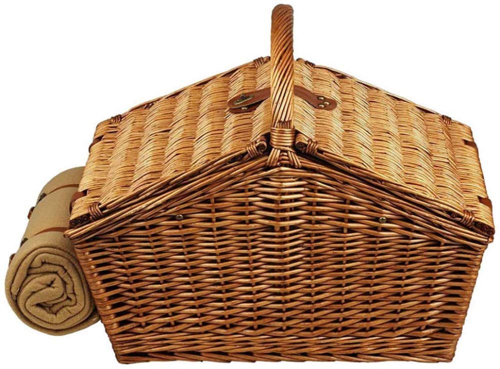 Panier de pique-nique, panier de pique-nique en rotin, panier à fruits, panier de rangement portable en rotin, panier de courses portable avec couvercle, panier de rangement, 46 x 31 x 20 cm