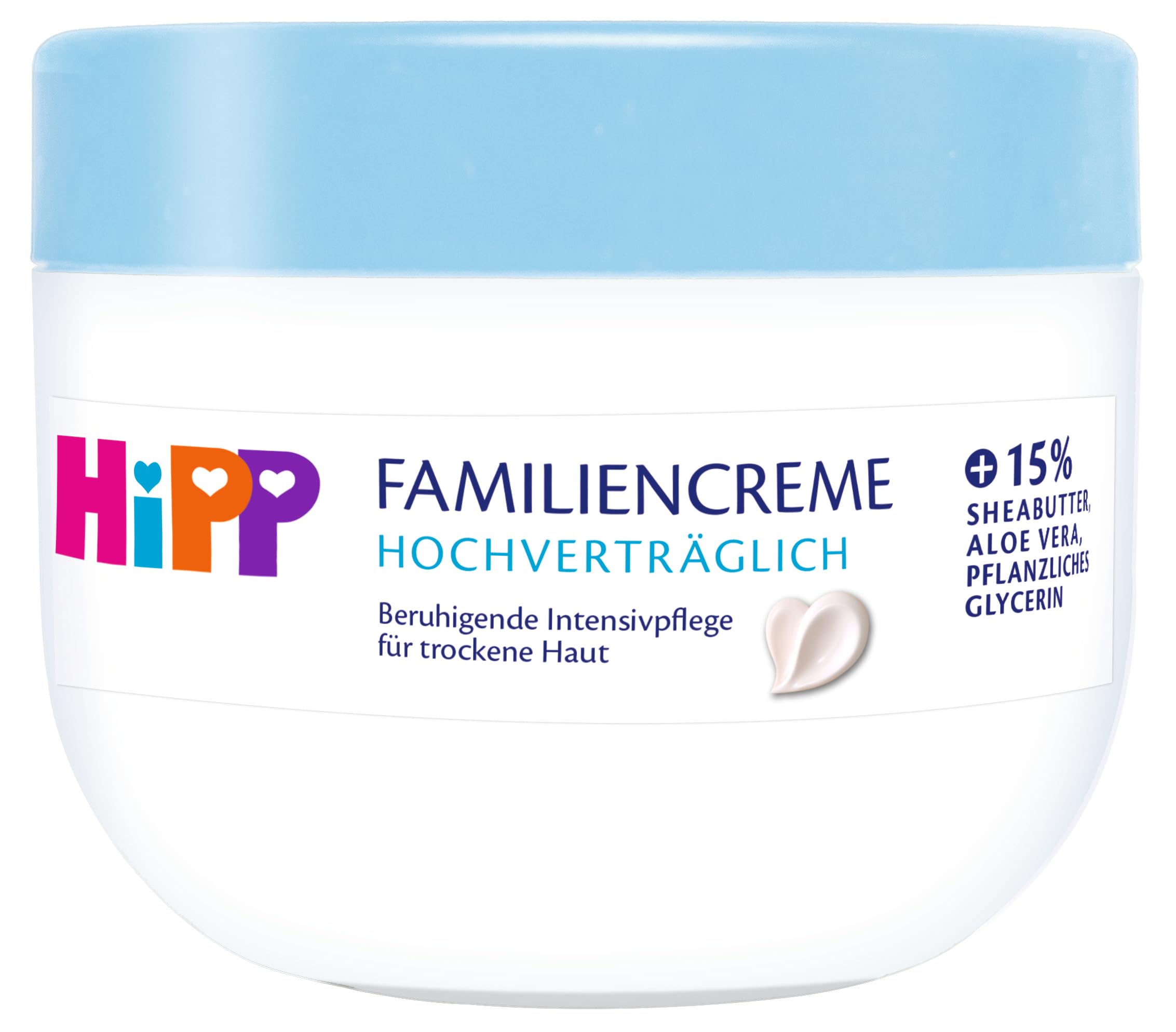 HiPP hochverträglich Familiencreme, mit Sheabutter, Aloe Vera und pflanzlichen Glycerin für trockene Haut, parfumfrei & hypoallergen, bei Neigung zu Neurodermitis, 300 ml