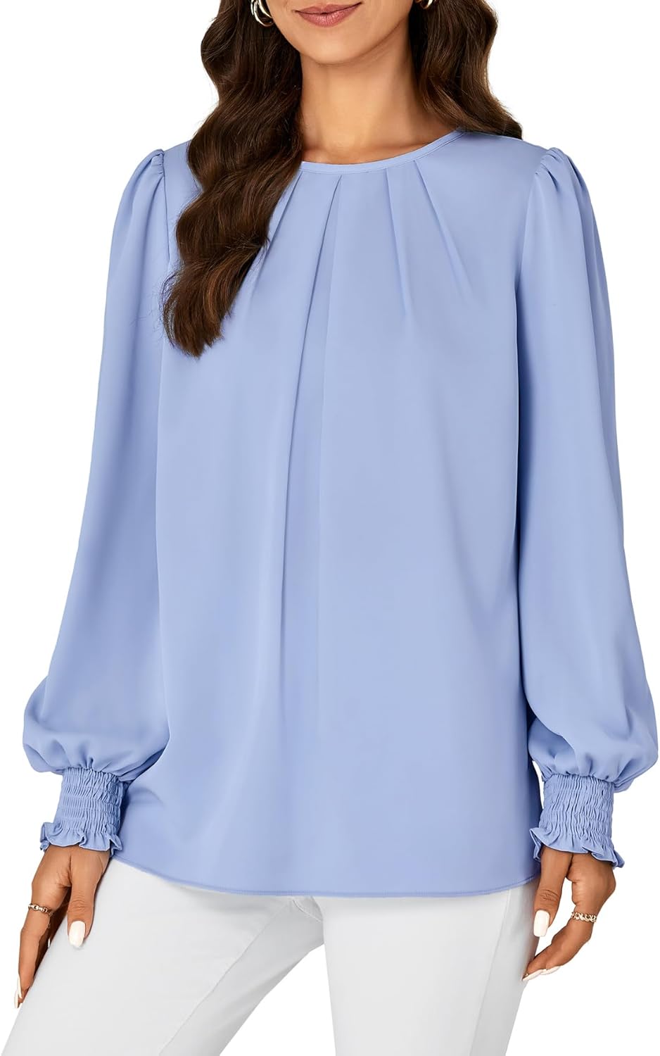 Vrtige Women's Dressy Casual Pleated Crew Neck Long Sleeve Shirt Office Work Chiffon Blouse Tops Light Blue Medium - Image 3