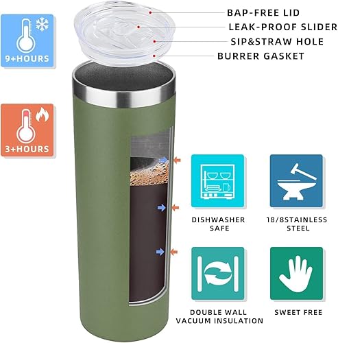 Miniatura 3 de HASLE OUTFITTERS Juego de vasos delgados de 20 onzas a granel, vasos delgados aislados de acero inoxidable con tapas, tazas de café reutilizables de