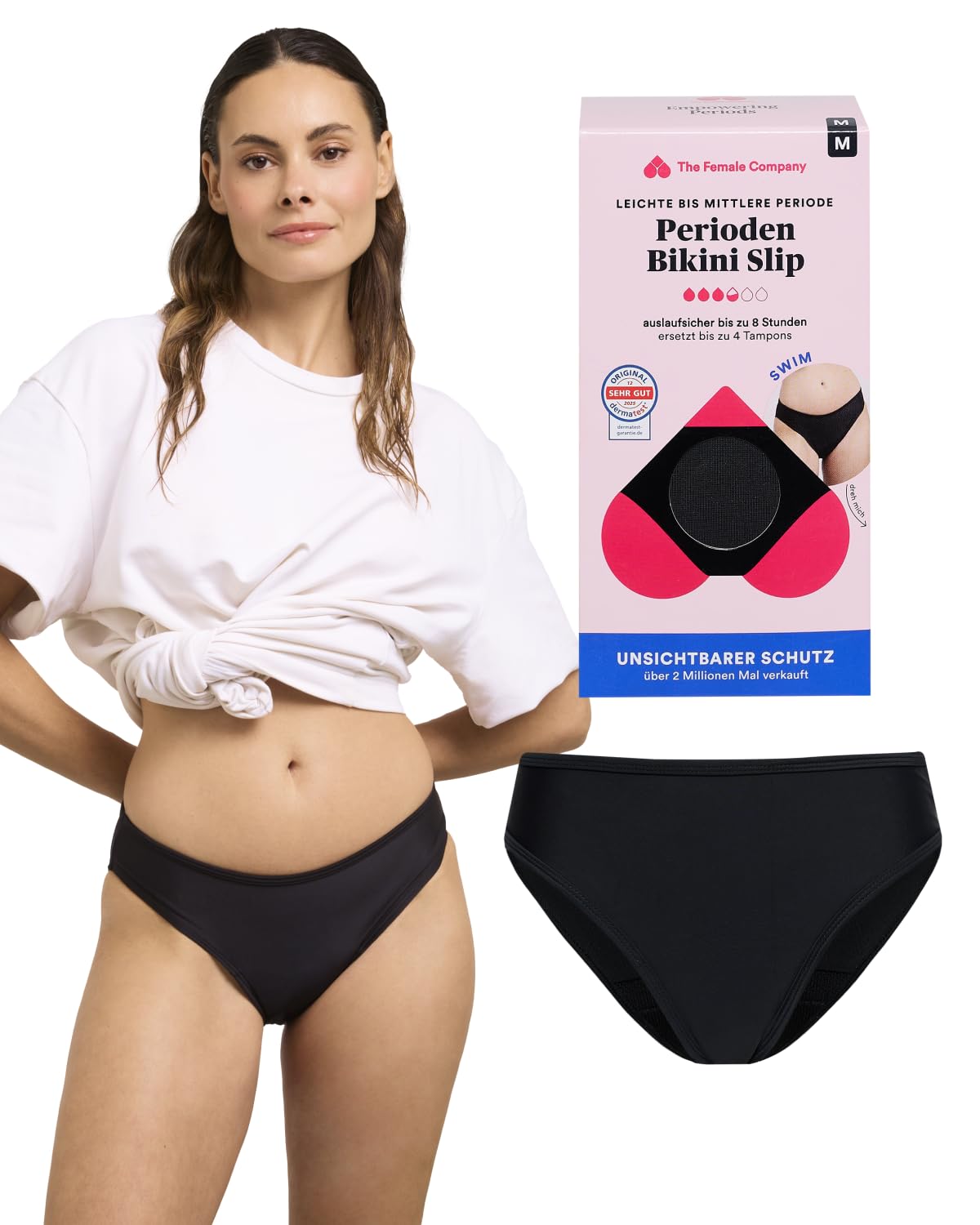 The Female Company Perioden Bikini Slip Schwarz – Perioden Bademode Unterteil mit Auslaufschutz – Period Swimwear bei Leichter bis mittlerer Periode – Unsichtbare Saugeinlage & sicher im Wasser