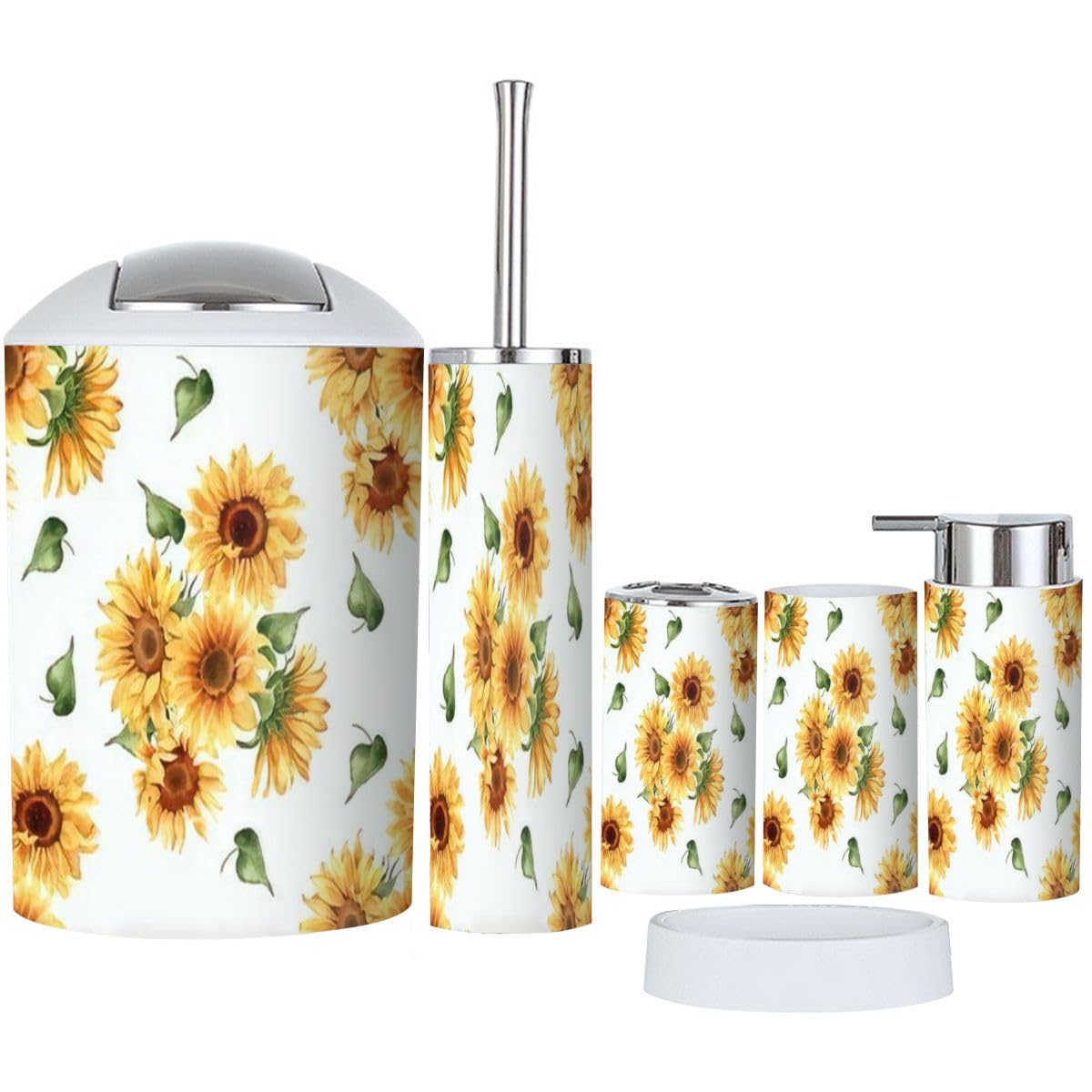 Bathroom Accessory Set 6 Piece Sunflower Yellow Summer Repeating Toothbrush Holder, Toothbrush Cup, Soap Dispenser, Soap Dish, Toilet Brush Holder, Trash can for Countertop Rustic Decor