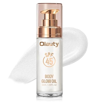 Body Shimmer Oil, SPF 45 Broad Spectrum, Sunscreen Shimmer Body Glow Oil with Coconut Oils, Glitter Sunscreen for Body & Face, Body Luminizer Face Highlighters & Luminizers Diamond Platinum, 30ML