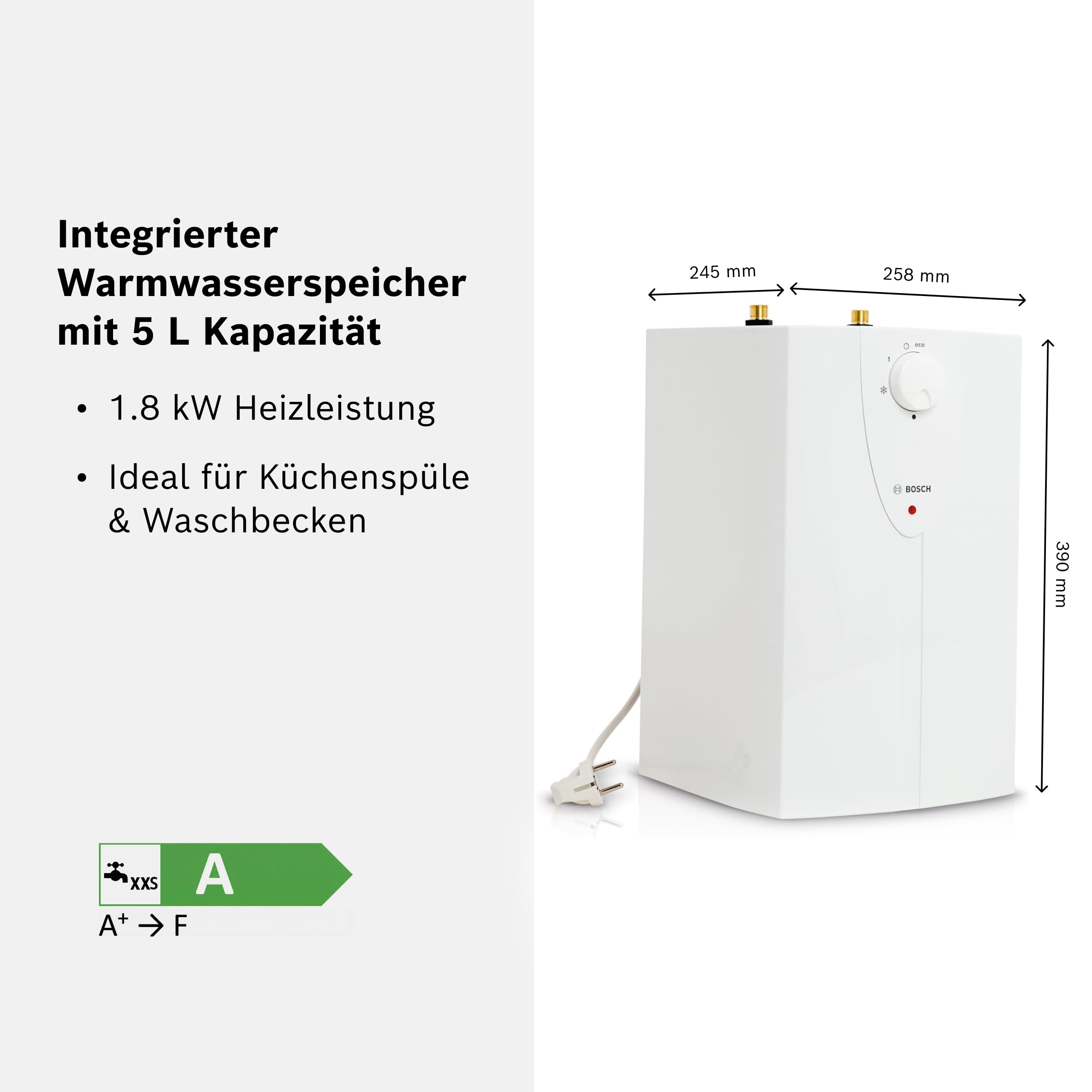 Bosch Elektrischer Kleinspeicher Tronic 1500 TO - Energieklasse A, 230V, 5 Liter Kapazität - Unter-/ Übertischgerät, Stufenlose Temperatureinstellung - Weiß