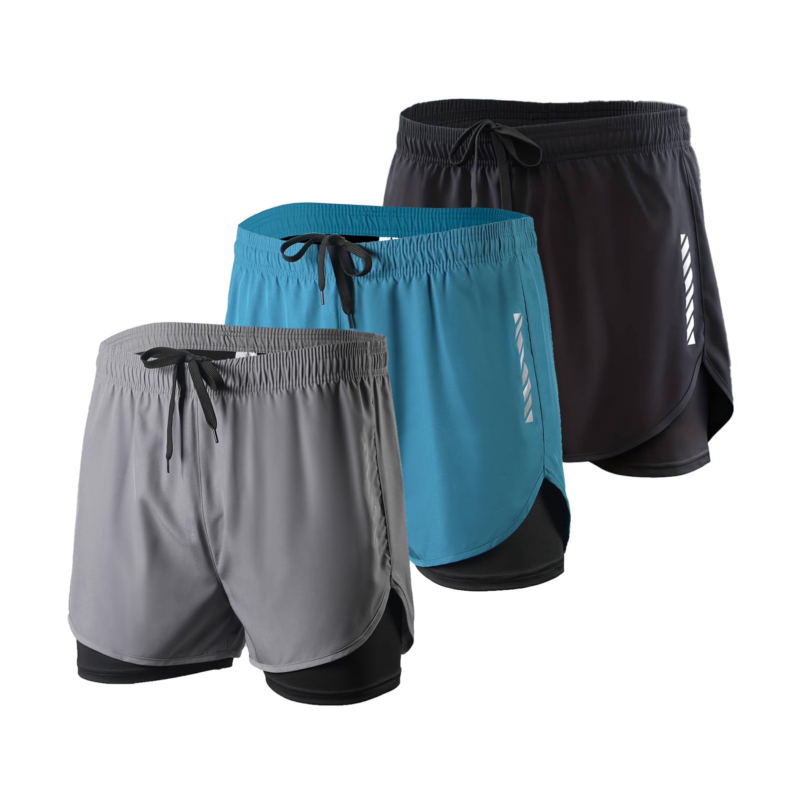 3-Piece Mens Running Shorts - Breathable Quick-Drying Sports Shorts with Night Reflective Strips