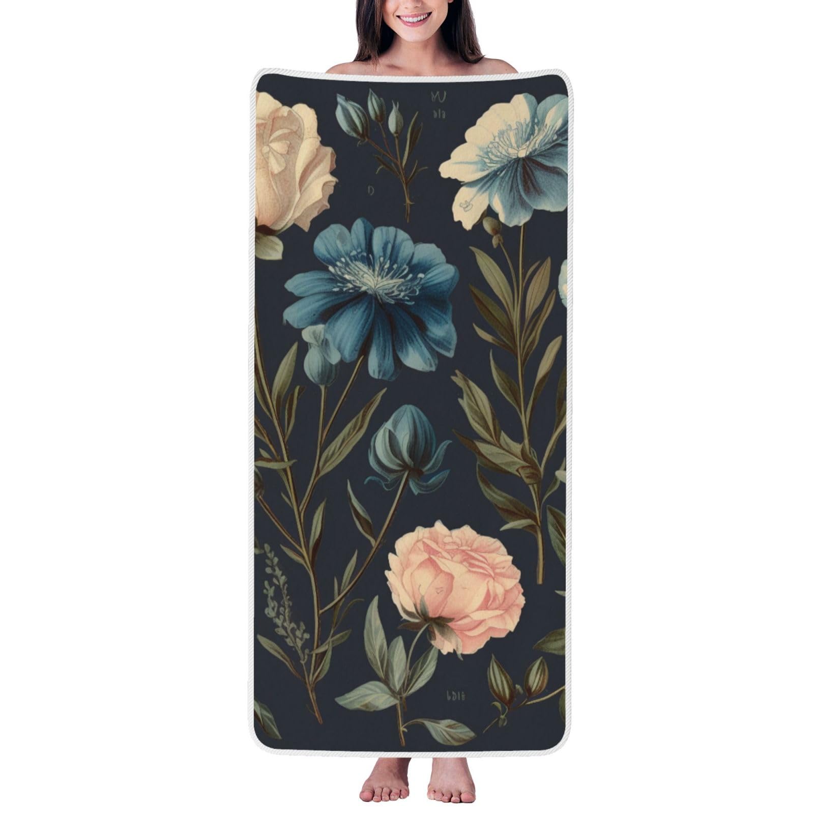WPKJU Floral Printed Bath Towel with White Edging - 27x55 in Soft Extra Absorbent Coral Velvet Shower Towels for Bathroom