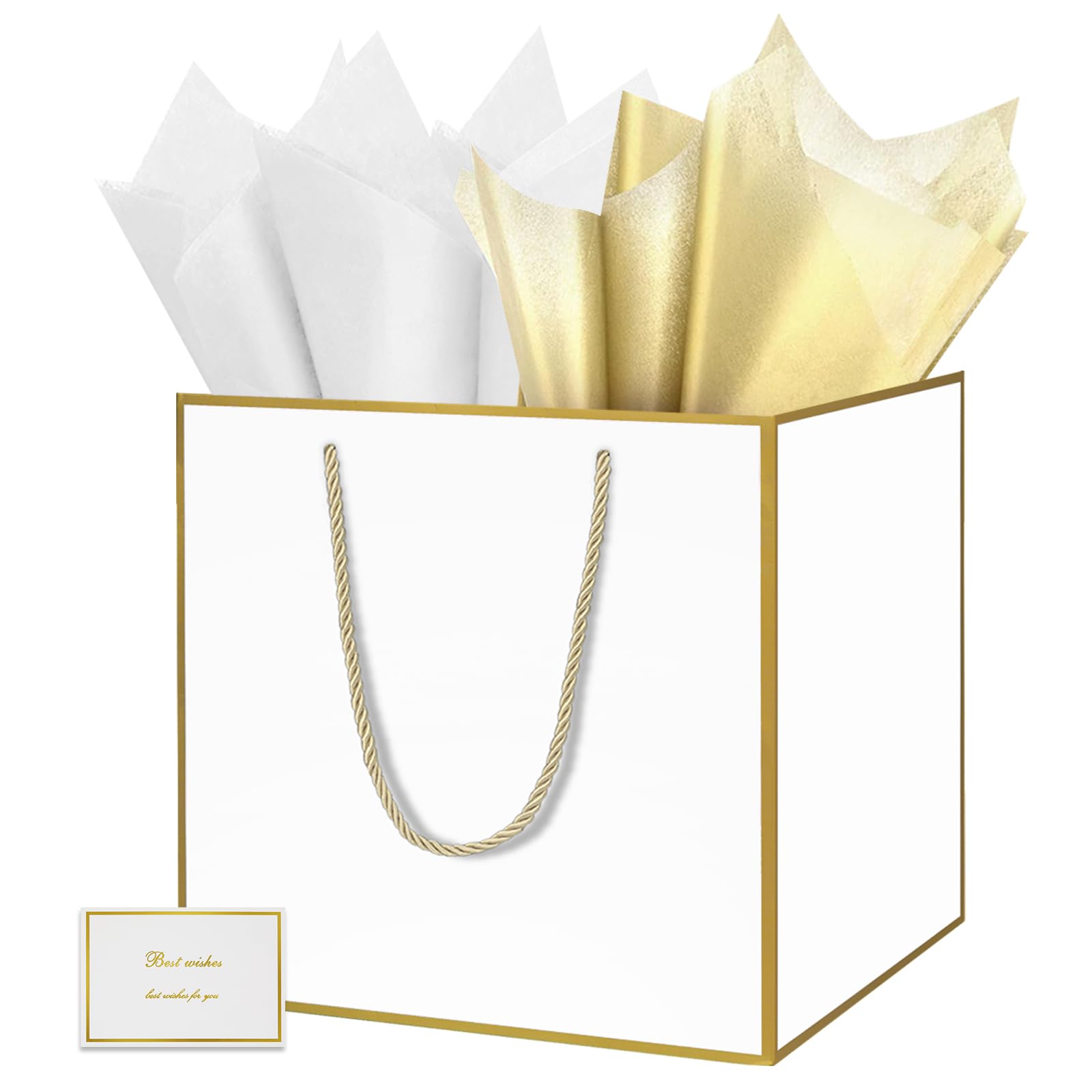 HONTIUS 11.8'' Extra Large Gift Bag Bags, Square Giant xl White Bridesmaid Gift Bag with Tissue Paper and Card for Wedding Birthday Presents Christmas Gifts Women 1PCS