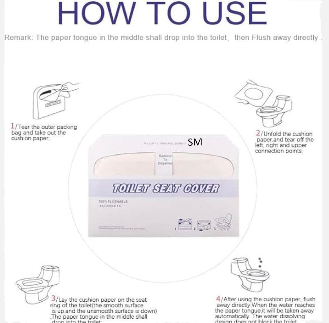SM Toilet Seat Covers - White Disposable, Flushable, Hygienic for Travel & Public Restrooms - 500 Count (2 Packs of 250 Each)