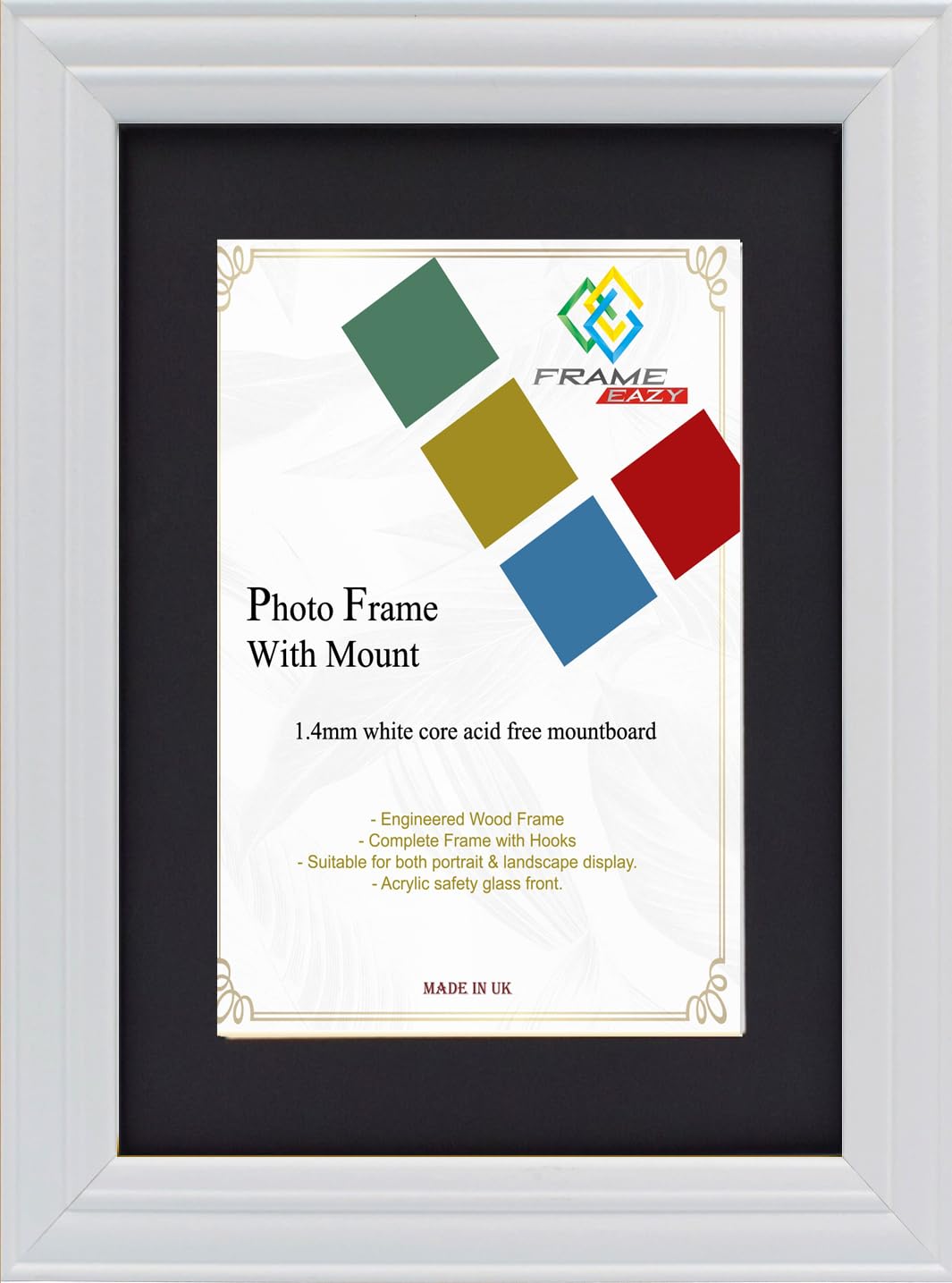 FRAME EAZY White A3 Photo Frame with A4 Black Mount - Antique Style Picture Frame With Safe Perspex Front - Frame A3 (42 x 29.7cm) For Picture Size A4 (29.7 x 21 cm)