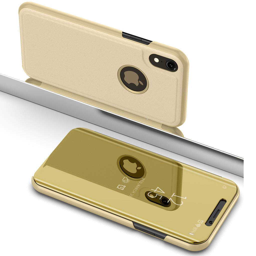 iPhone XR Flip Case, Eabuy Mirror Plating Hard PC +PU Leather Semi-transparent Standing View Case Cover for iPhone XR Gold