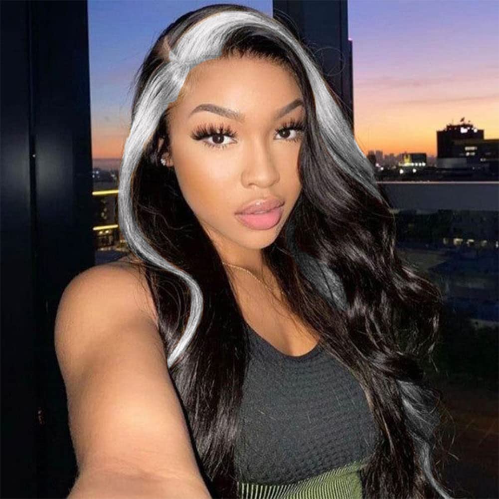 28" Long Wavy Wigs for Black Women Skunk Stripe Body Wave Wig Highlighted Synthetic