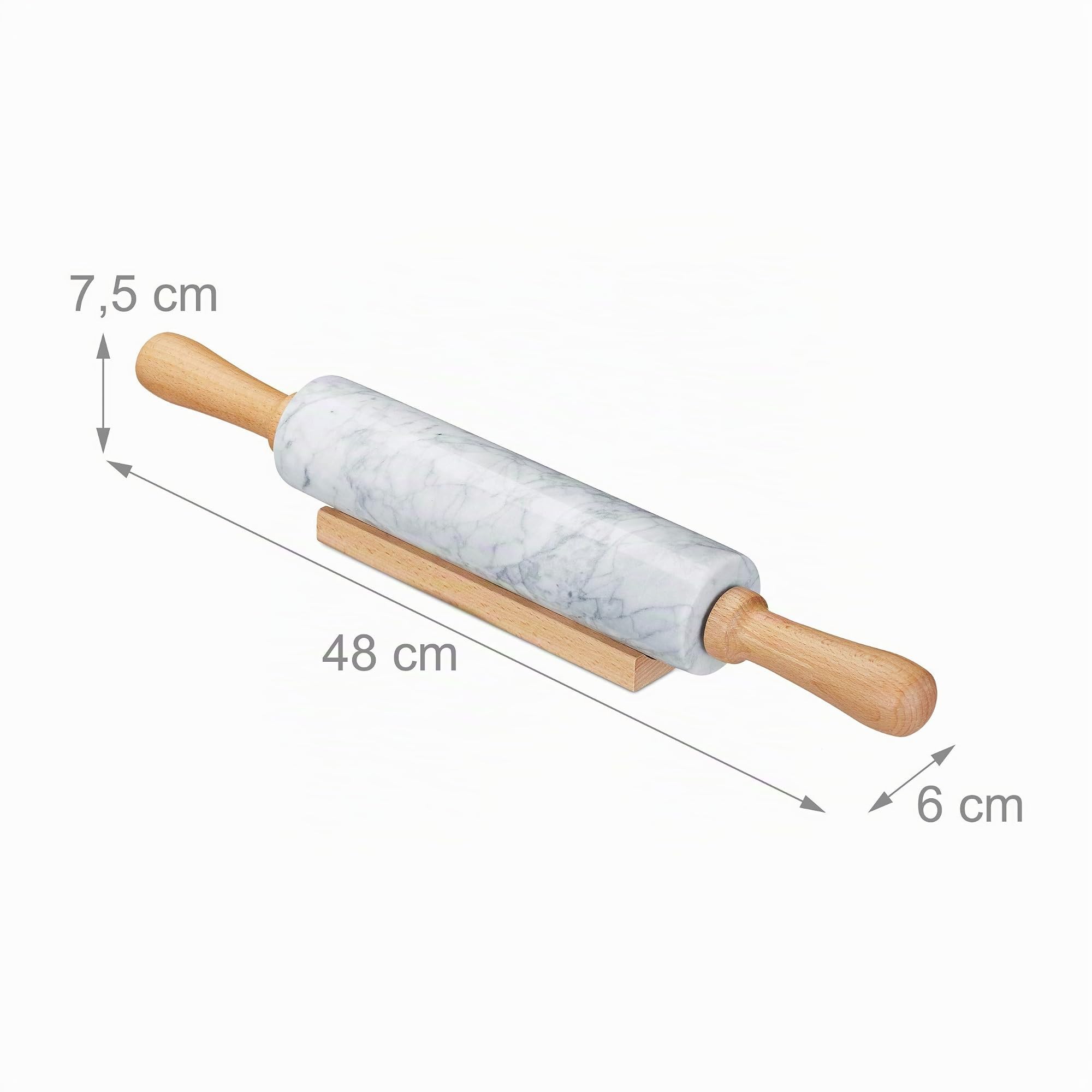 Relaxdays 10028837_49, blanc rouleau à pâtisserie en marbre, Poignées en bois, Cuisinier et pâtissier, Avec support, lourd