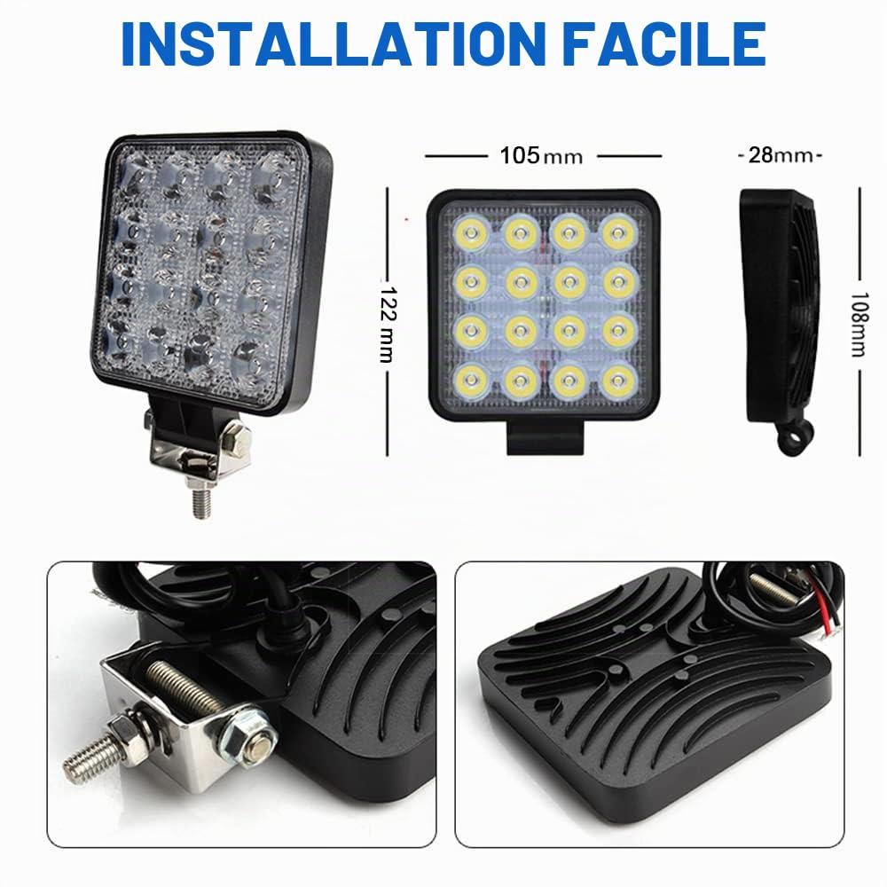 Rampe de Phare de Travail LED 10x48w 12v 24v, 28mm d'épaisseur Carré Projecteurs Lumière Feux Antibrouillard LED 6000k pour Offroad Voiture camions SUV ATV 4x4 Tracteur Bateau