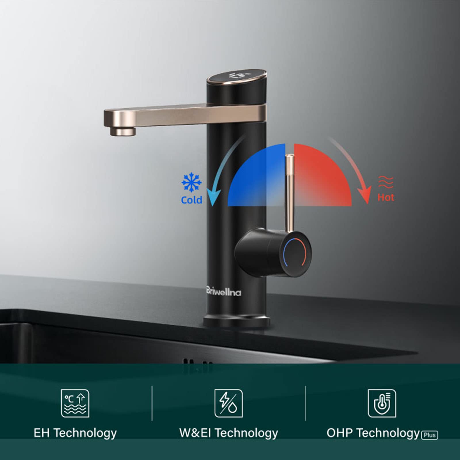 Rubinetto Bagno Nero, Rubinetto Lavabo Bagno Monocomando, Rubinetti Lavabo Vanity, Rubinetti Bagno Monoforo, con Display della Temperatura a LED Rubinetto Acqua Calda Istantanea, Rubinetto Scaldabagno