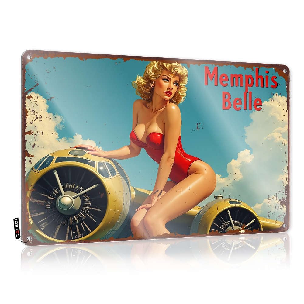 Sujd Colour Inappropriate Funny Wall Signs Rustic Wall Poster, Tinsign Funny Quote Design For Game Room Garage | Wedding Anti-Rust Metal Memphis Belle: Vintage Airplane Pin-Up Art(20X30cm)