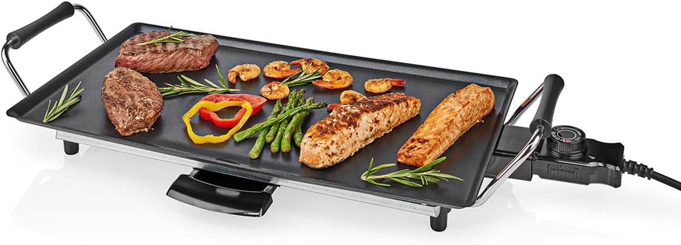 Electric Teppanyaki Grill Plate, Large Non-Stick Table Top Griddle with 47.5cm x 26.5cm Hot Plate, Adjustable Temperature Control and Drip Tray, 2000W - Black