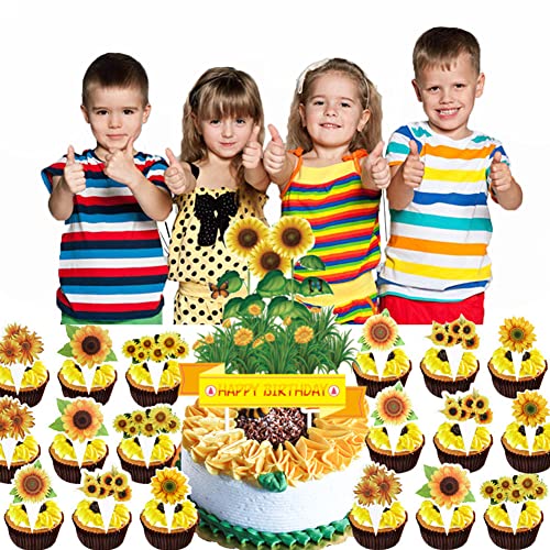 Cemtetnech 48Pcs Sunflower Cupcake Topper Picks Boy Girl Children Party Decoration Sunflower Party Favors Kid's Birthday Party Cake Decoration Supplies #TOP4