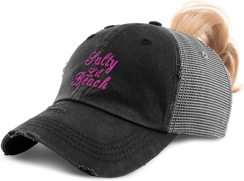 Ponytail Cap Women's Baseball Cap Embroidered Salty Lil Beach Sun Hat with Ponytail Hole High Pony Hat