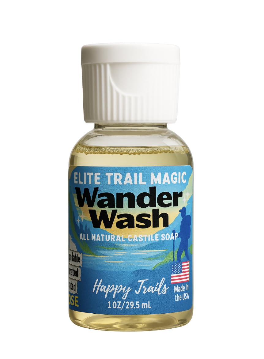 Elite Trail Magic- Wander Wash Biodegradable Castile Soap – Ultralight 1 oz Concentrated Liquid Soap for Camping, Travel & Backpacking – All Purpose, Unscented, Made in USA
