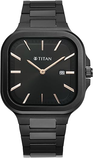 Titan Classique Slim Square Quartz Analog with Date Black Dial Stainless Steel Strap Watch for Men-90176NM01