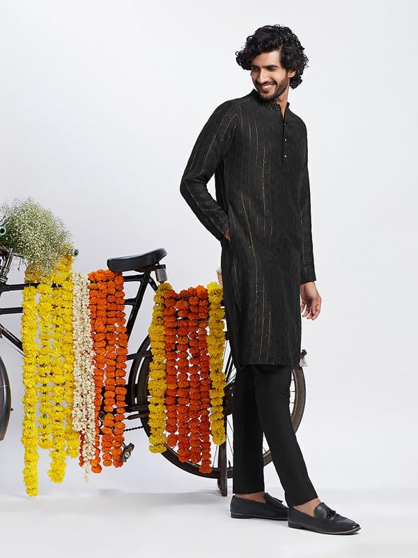 Image of KISAH Men's Navy Blue Printed Cotton Kurta - Regular Fit Long Tunic with Mandarin Collar | Ethnic Wear for Weddings & Festive Occasions