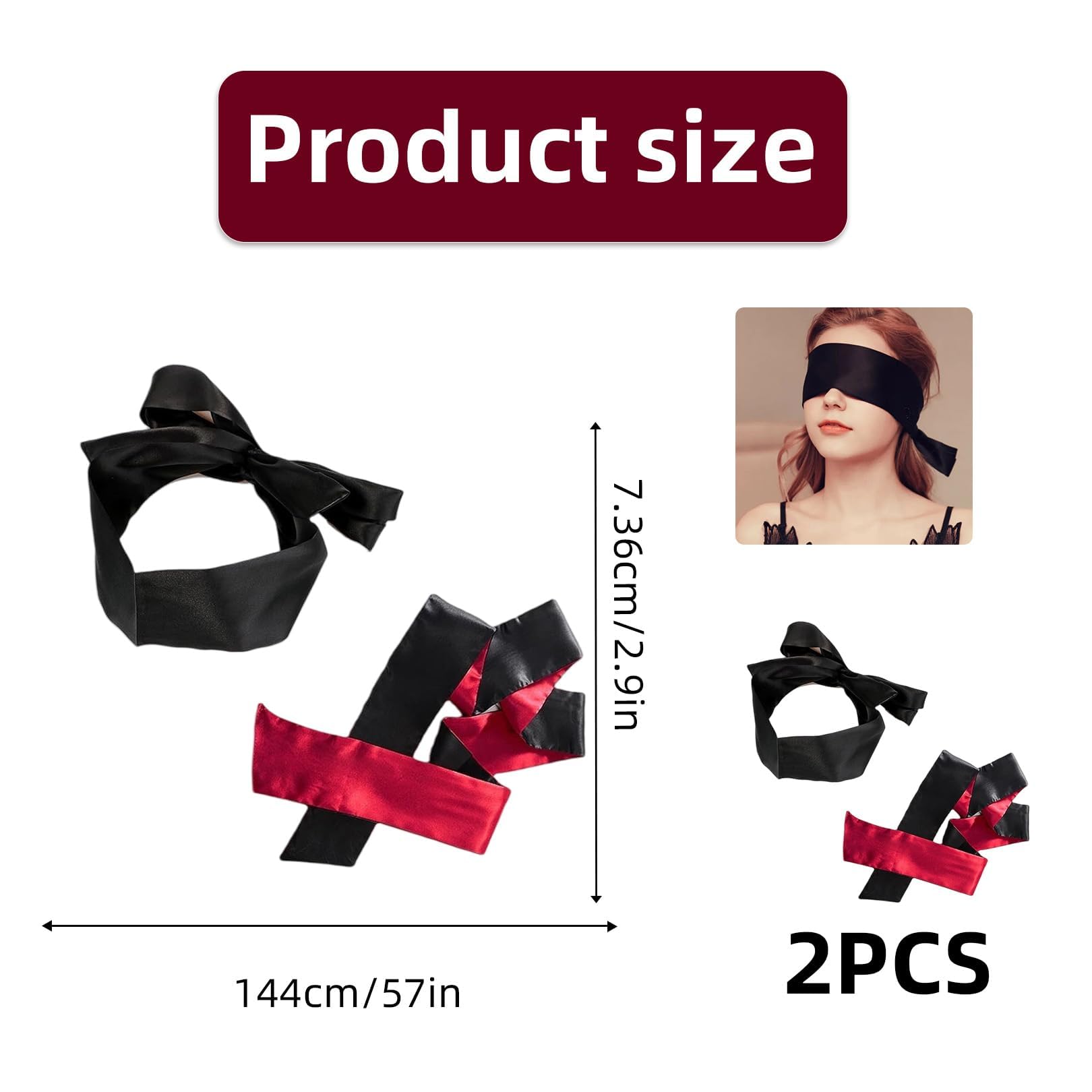 Set di 2 bendaggi per adulti, morbidi e confortevoli, per coppie, regolabili, in raso, per adulti, regalo per San Valentino, viaggi, meditazione (nero rosso)