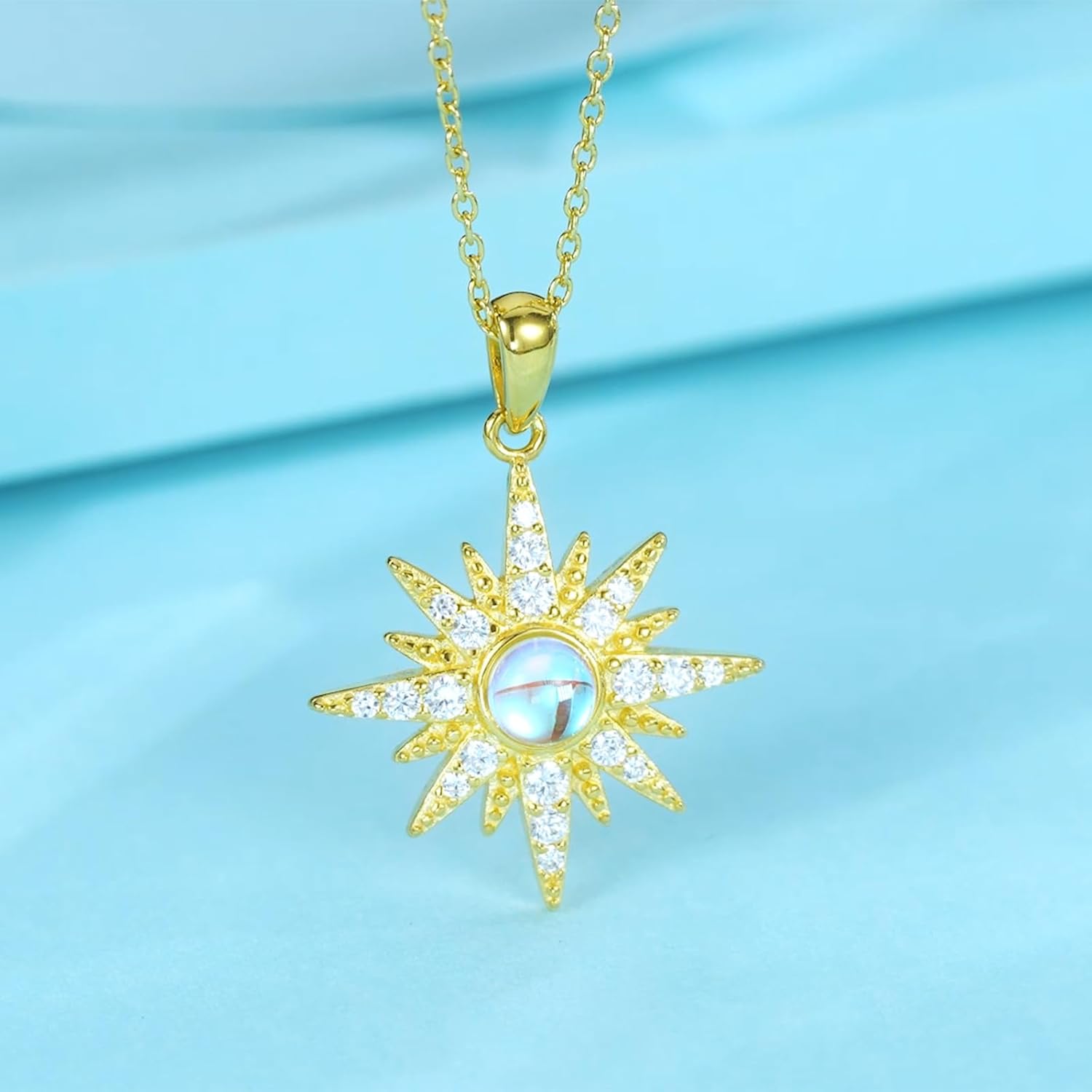 Starburst Necklace 925 Sterling Silver Opal/Moonstone/Birthstone Pendant Star Gold Plated Sunburst Birth Stone Jewelry Mothers Day Necklace for Women Mom Daughter Sister - Image 2