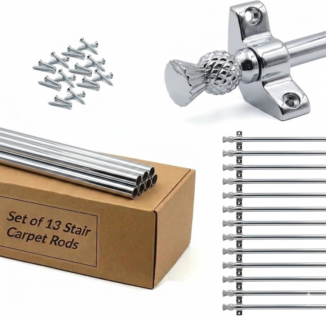 Set of 13 Stair Carpet Rods, 70cm Satin Chrome Stair Runner Rods with Thistle Finials, Heavy Duty Metal Rods with Brackets & Fixings for Carpet Runners up to 70cm Wide โ image 1