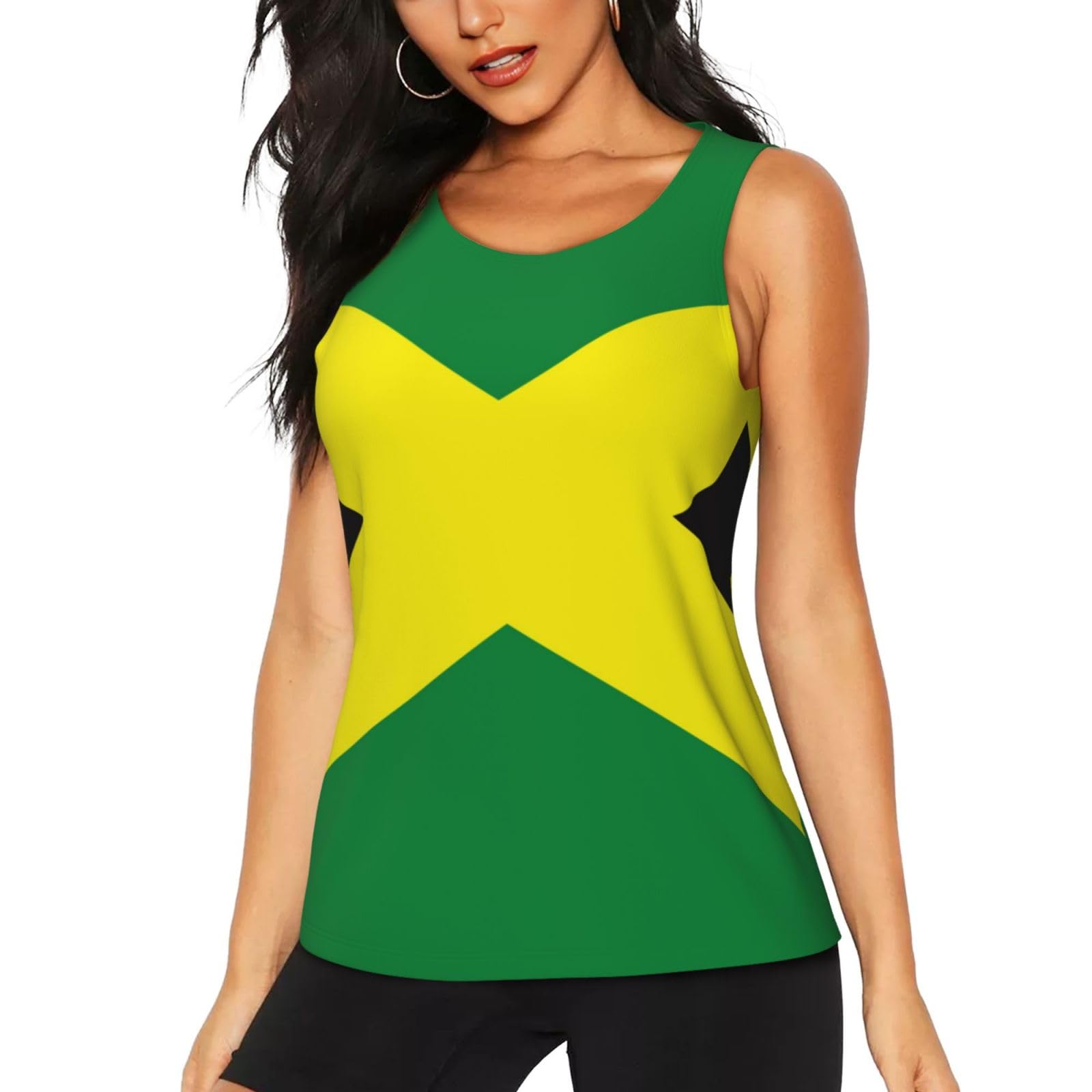 Women Tank Tops Sleeveless Vest Jamaican Flag Pattern for Casual Gym Athletic Running Workout Shirt Black