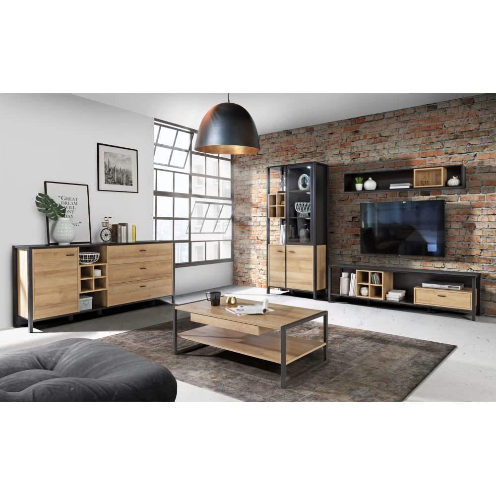 FORTE HIGH ROCK Vitrine mit 2 Türen und 1 Glastür, Holzwerkstoff, Schwarz / Riviera Eiche, 86.3 x 152.3 x 40.2 cm