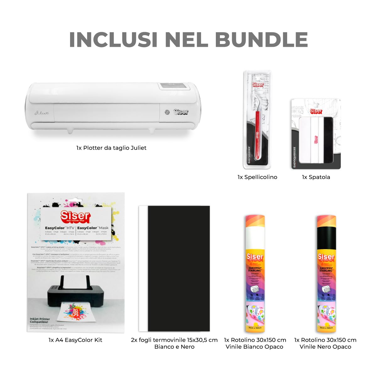 Siser Juliet® Starter Pack - Beinhaltet den Juliet High Definition Schneideplotter, sowie thermo-transferierbare Schneide- und bedruckbare Folien, Aufkleber und Zubehör