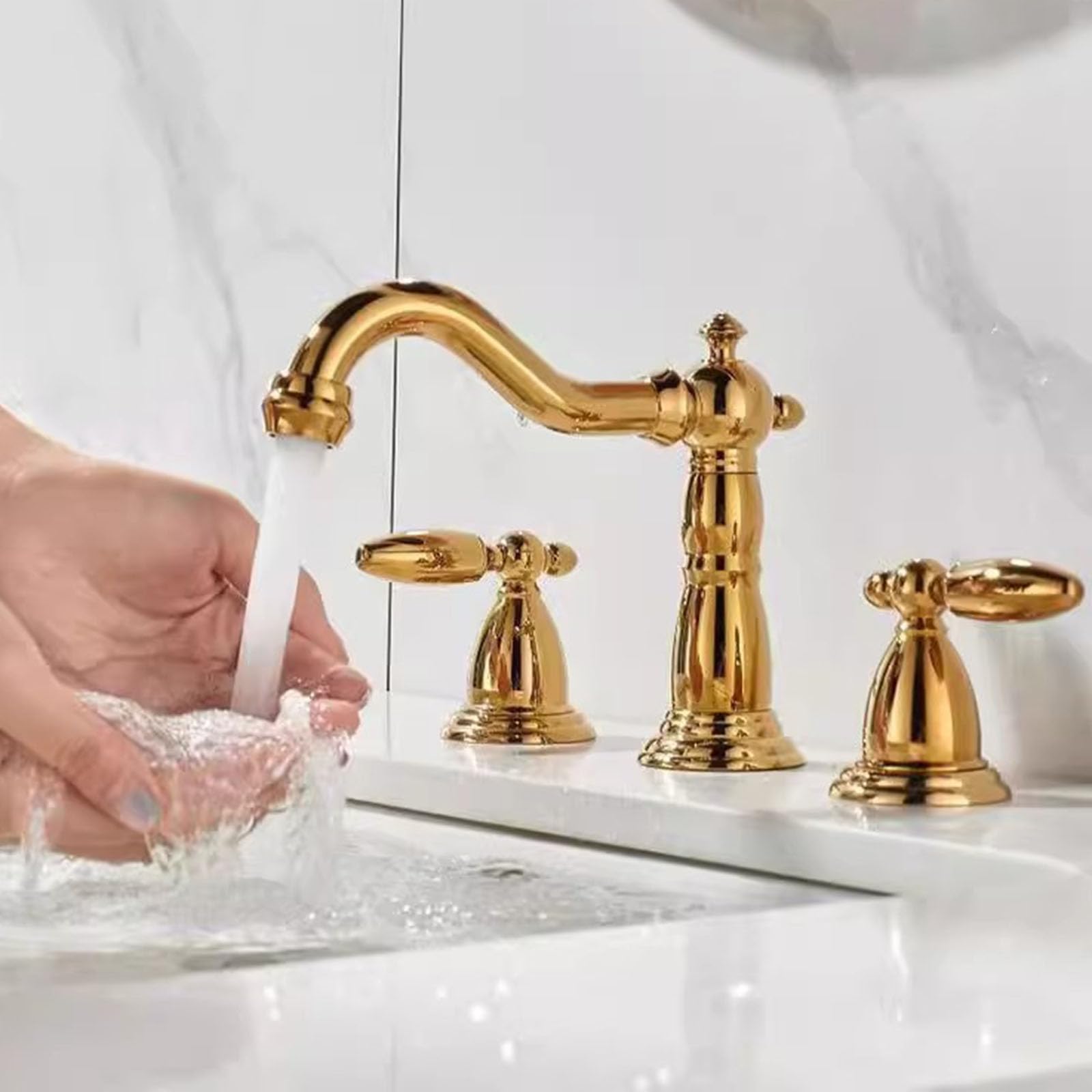 Grifo de Lavabo Moderno Pistola de Agua Caliente Y Fría de 3 Orificios Grifo Del Fregadero Baño Grifos Mezclador de Baño Doble Mango Color Gris