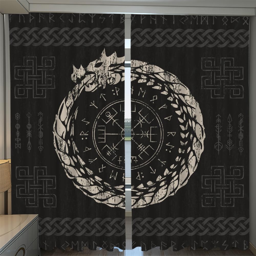 Rideaux Viking Runes Rideau 2 Pièces Isolant Thermique Anti Froid Polyester Anti Bruit Grande Largeur Rideau Mythologie Odin Opaque Salon Maison Décoration Rideaux （150x166 cm ）