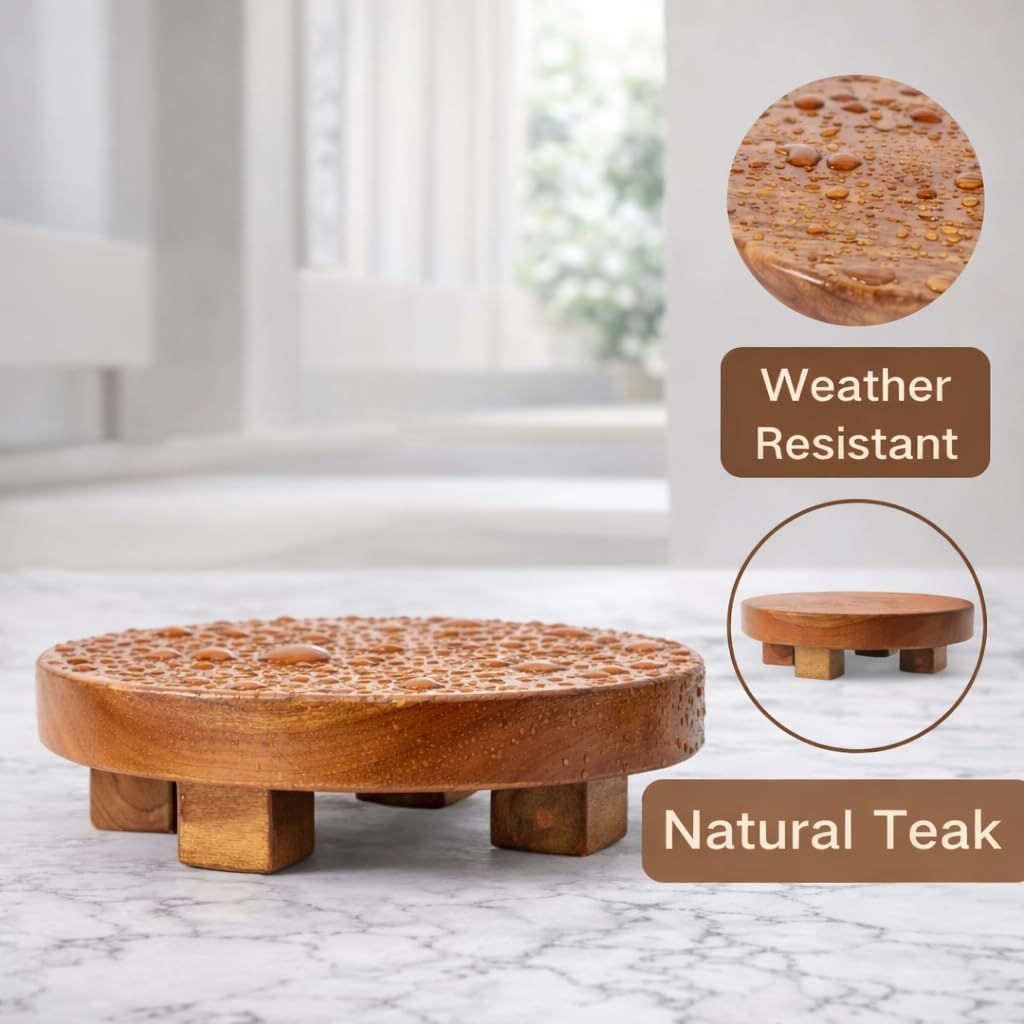 Teak Handmade Display Riser for Bathroom Counter Decor, Round Pedestal Stand for Shelf, Home Centerpiece Decor