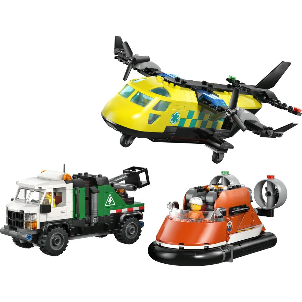 LEGO City Zestaw z samolotem, ciężarówką serwisową i poduszkowcem, interaktywne zabawki dla dzieci, modułowe pojazdy ratunkowe, prezent dla 7-latka na urodziny, dla chłopca i dziewczynki 60505