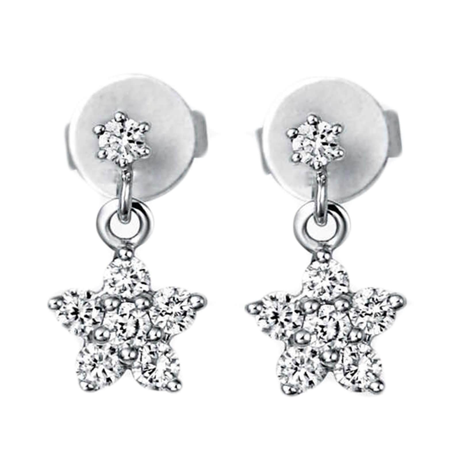 Pendiente Mujer Oro Blanco 9K / 14K / 18Kt, Flor con Diamante de 0.26ct, Pendientes Boda Plata para Mujer