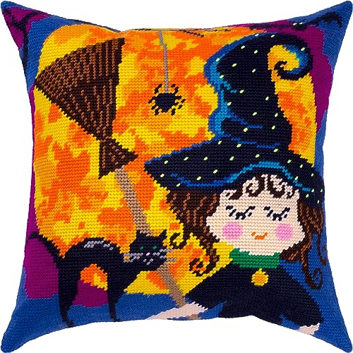 Brvsk Seasonal Embroidery Kit for Adults and Beginners — Halloween 16??×?16? with Clear, Precise Printed Design on Cotton Canvas; Includes 2 Needles, Yarn, and Easy-Read Chart