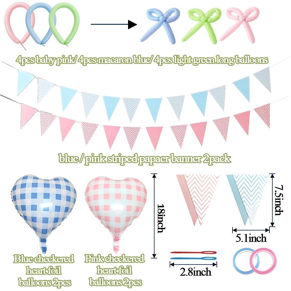 Kit de arco de globos rosa claro, verde, azul, doble relleno, amarillo pastel, rubor, rosa, globos de corazón con banderín, pancarta para baby shower, revelación de género, cumpleaños, decoración de
