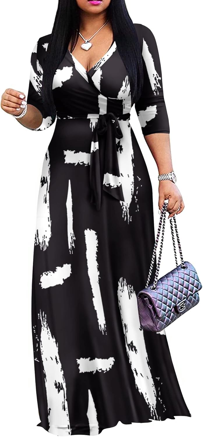 AOMONI Women's Floral Print Maxi Dresses Summer with Pockets Casual 3 4 Sleeve V-Neck Wrap Tie Waist Long Dress, M-3XL